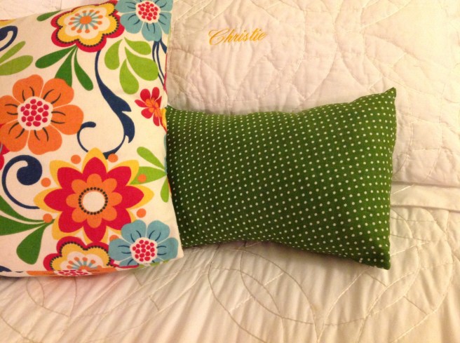 This fabric is probably my favorite. Unfortunately, I cut this one really small. After seeing what it looked like when we finally got the pillow stuffed into it, I gave it the nickname "fat man in a Miata." I took it out and cut off the original cover to give it a little more room. Now it's affectionately named, "Lumpy."