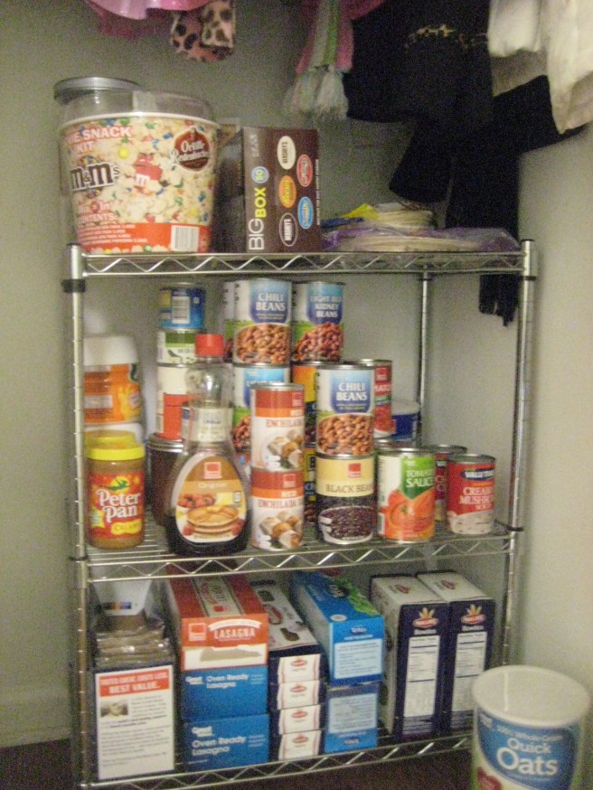 Keep food staples on a small wire shelf underneath coats in closet.