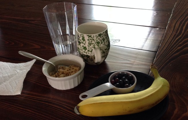 Cheerios in milk, blueberries, banana chunks... and coffee and water to keep mama going.